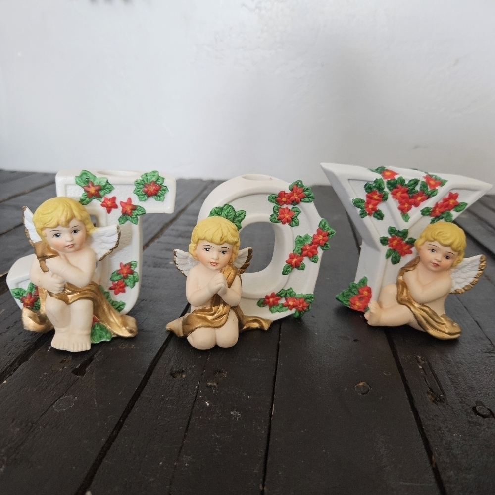 Vintage Ceramic Christmas JOY Letter Candle Holders Angel Cherub Poinsettia Gold